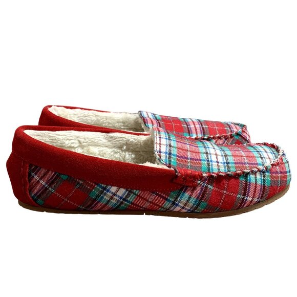 Lands End Moccasin Slippers Womens 10 B Red Plaid Faux Fur Lined Flannel Shoes - Picture 1 of 12